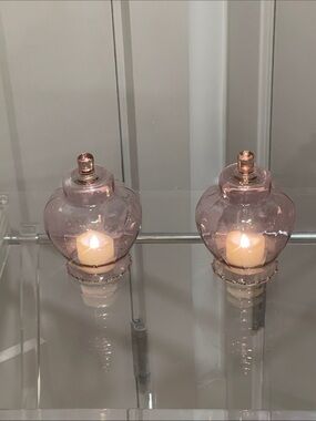 Celeste Pink Glass Lidded Candle Holders - Pair